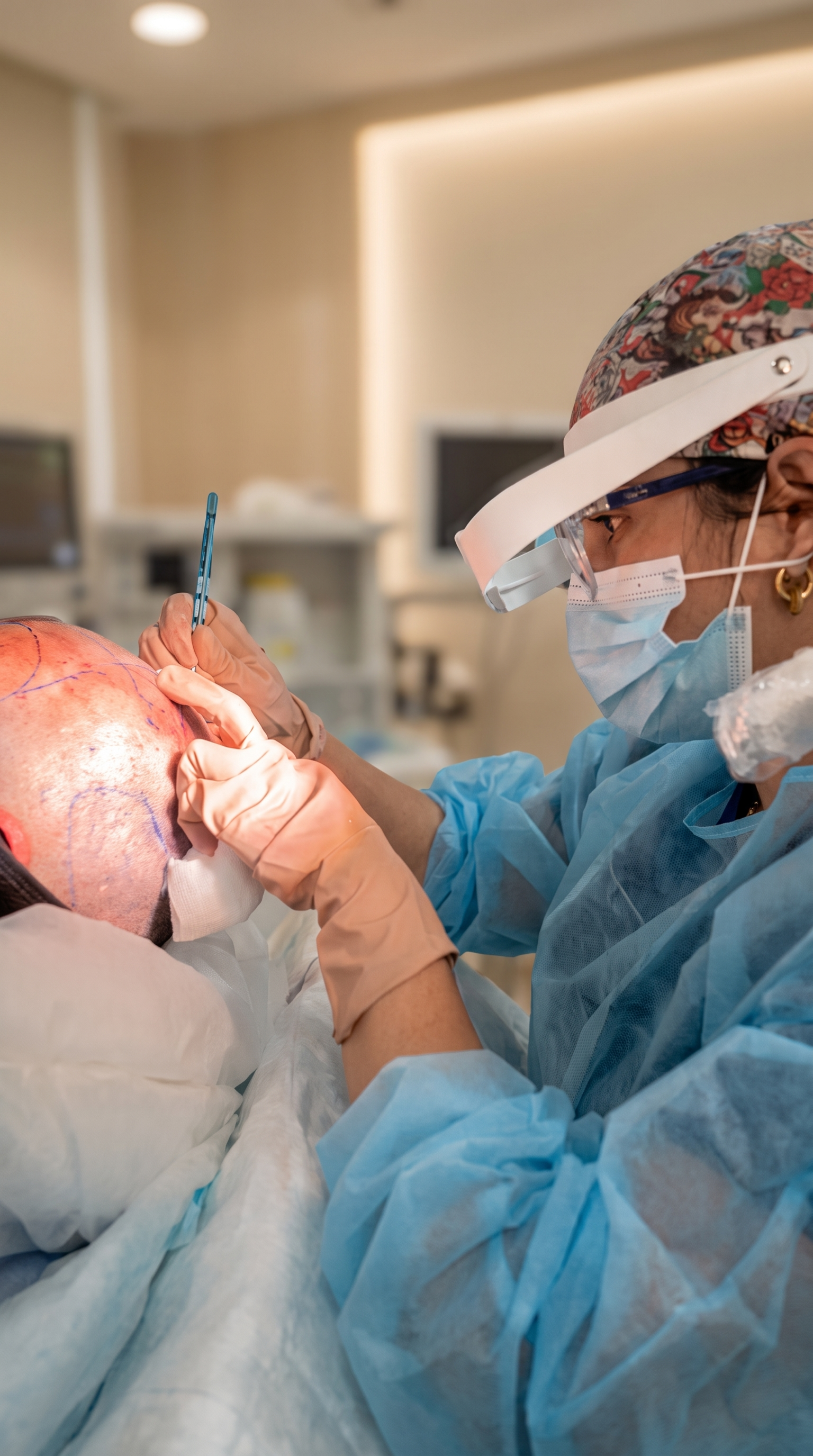 Procedimiento médico de transplante capilar durante la intervención